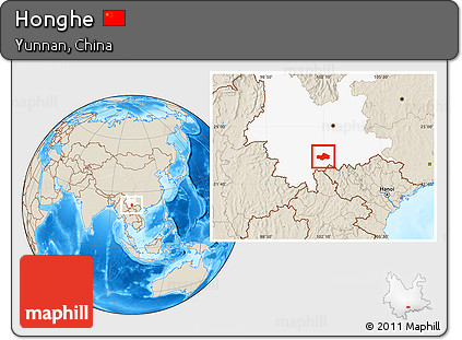 Shaded Relief Location Map of Honghe, highlighted parent region