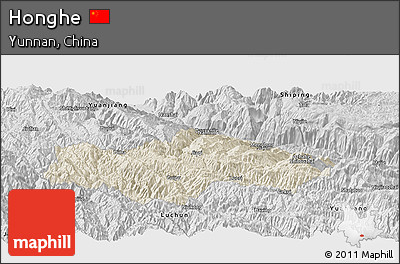 Shaded Relief Panoramic Map of Honghe, desaturated