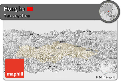 Shaded Relief Panoramic Map of Honghe, desaturated