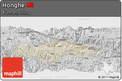 Shaded Relief Panoramic Map of Honghe, desaturated