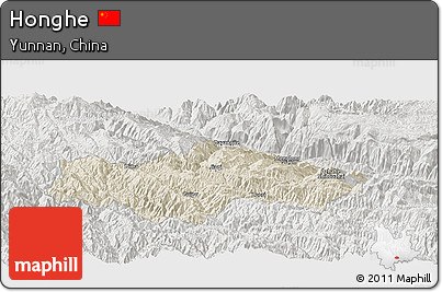 Shaded Relief Panoramic Map of Honghe, lighten, semi-desaturated