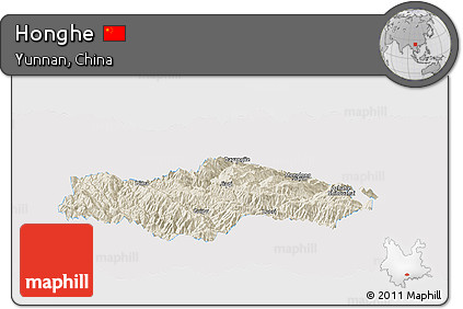 Shaded Relief Panoramic Map of Honghe, single color outside