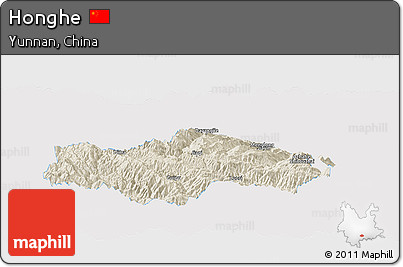 Shaded Relief Panoramic Map of Honghe, single color outside