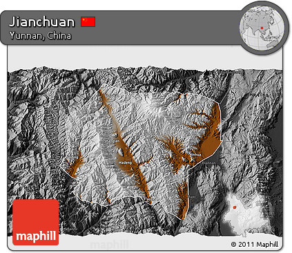 Physical 3D Map of Jianchuan, darken, desaturated