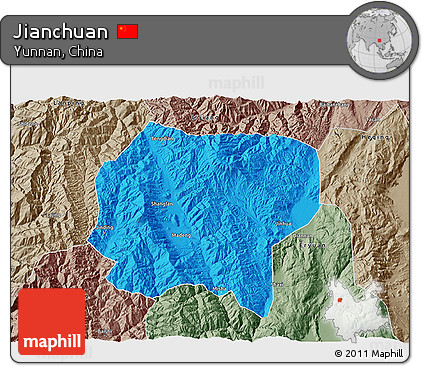 Political 3D Map of Jianchuan, semi-desaturated