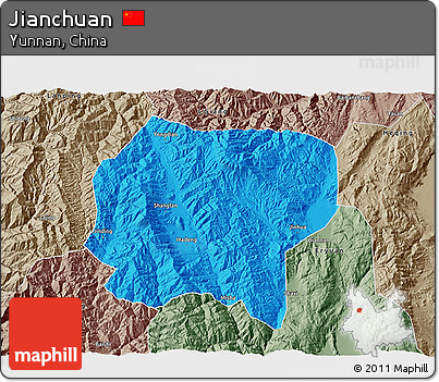 Political 3D Map of Jianchuan, semi-desaturated