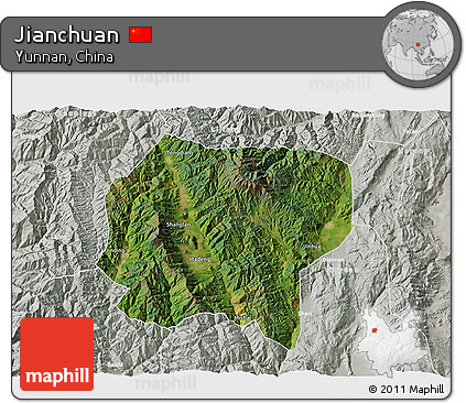 Satellite 3D Map of Jianchuan, lighten, semi-desaturated