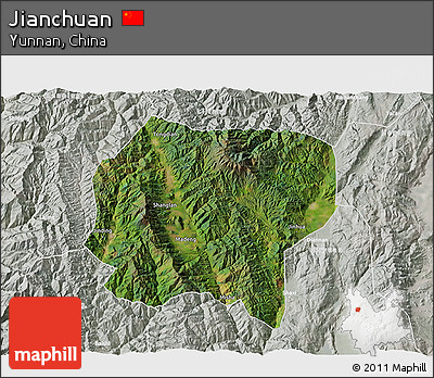 Satellite 3D Map of Jianchuan, lighten, semi-desaturated