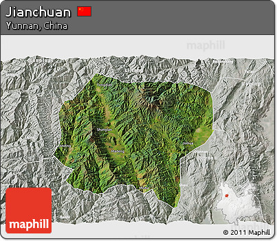 Satellite 3D Map of Jianchuan, lighten, semi-desaturated