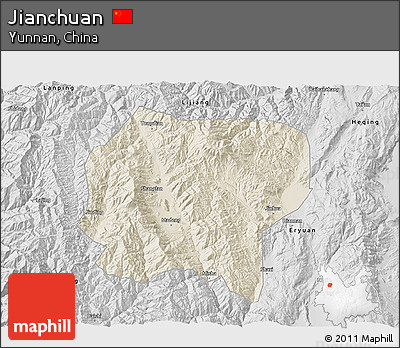 Shaded Relief 3D Map of Jianchuan, desaturated