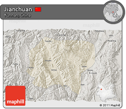 Shaded Relief 3D Map of Jianchuan, semi-desaturated
