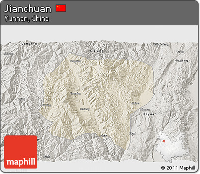Shaded Relief 3D Map of Jianchuan, semi-desaturated