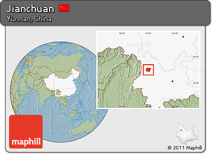 Savanna Style Location Map of Jianchuan, highlighted country, hill shading