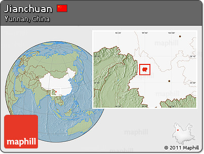 Savanna Style Location Map of Jianchuan, highlighted country, hill shading