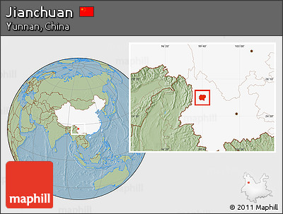 Savanna Style Location Map of Jianchuan, highlighted country, hill shading
