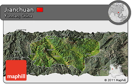Satellite Panoramic Map of Jianchuan, semi-desaturated