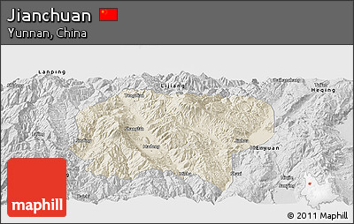 Shaded Relief Panoramic Map of Jianchuan, desaturated