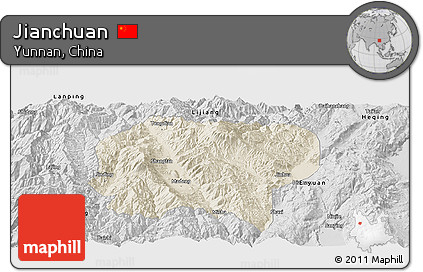 Shaded Relief Panoramic Map of Jianchuan, desaturated