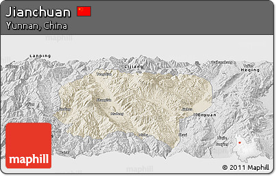 Shaded Relief Panoramic Map of Jianchuan, desaturated