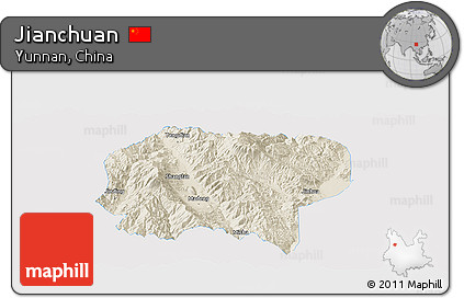 Shaded Relief Panoramic Map of Jianchuan, single color outside