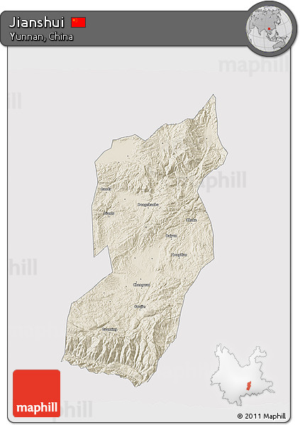 Shaded Relief 3D Map of Jianshui, cropped outside