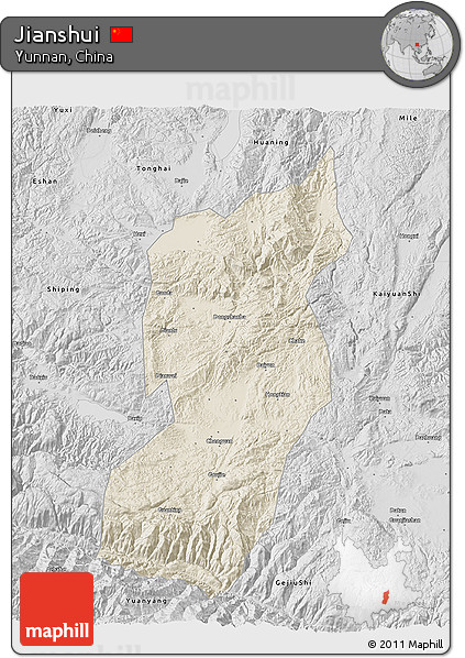 Shaded Relief 3D Map of Jianshui, desaturated