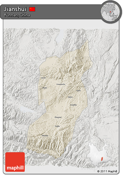 Shaded Relief 3D Map of Jianshui, lighten, semi-desaturated