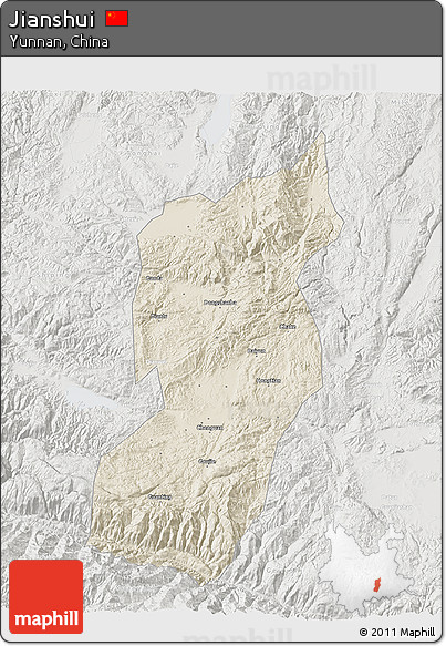 Shaded Relief 3D Map of Jianshui, lighten, semi-desaturated