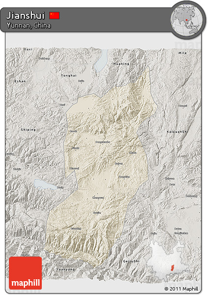 Shaded Relief 3D Map of Jianshui, semi-desaturated