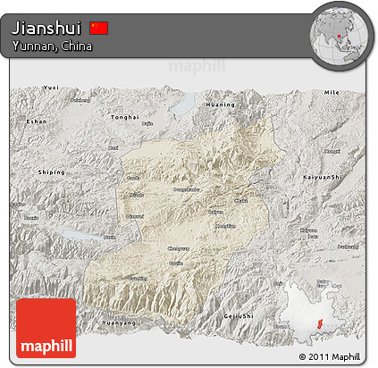 Shaded Relief Panoramic Map of Jianshui, semi-desaturated