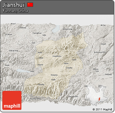 Shaded Relief Panoramic Map of Jianshui, semi-desaturated