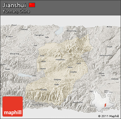 Shaded Relief Panoramic Map of Jianshui, semi-desaturated