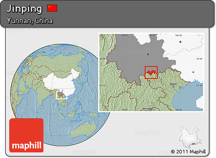Savanna Style Location Map of Jinping, highlighted country, highlighted parent region, hill shading