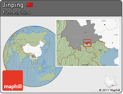 Savanna Style Location Map of Jinping, highlighted country, highlighted parent region, hill shading