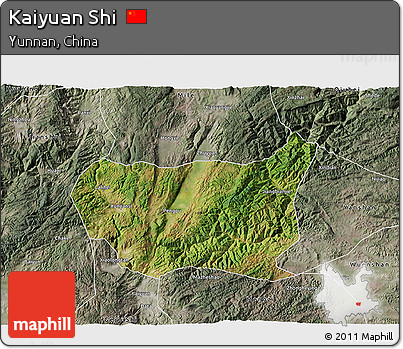 Satellite 3D Map of Kaiyuan Shi, semi-desaturated