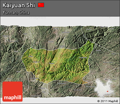 Satellite 3D Map of Kaiyuan Shi, semi-desaturated