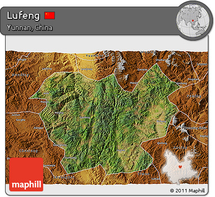 Satellite 3D Map of Lufeng, physical outside