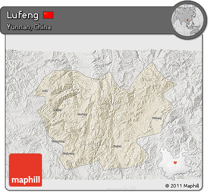 Shaded Relief 3D Map of Lufeng, lighten, semi-desaturated