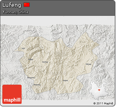 Shaded Relief 3D Map of Lufeng, lighten, semi-desaturated