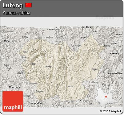 Shaded Relief 3D Map of Lufeng, semi-desaturated
