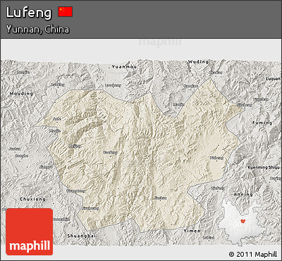 Shaded Relief 3D Map of Lufeng, semi-desaturated