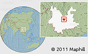 Savanna Style Location Map of Lufeng, highlighted parent region, hill shading