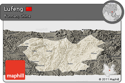 Shaded Relief Panoramic Map of Lufeng, darken