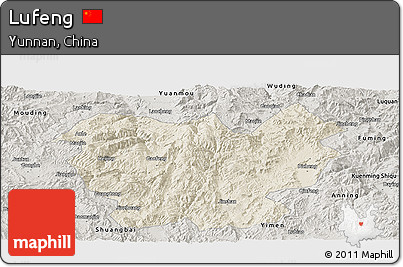 Shaded Relief Panoramic Map of Lufeng, semi-desaturated