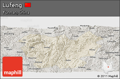 Shaded Relief Panoramic Map of Lufeng, semi-desaturated