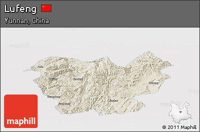 Shaded Relief Panoramic Map of Lufeng, single color outside