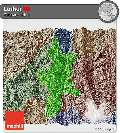Political 3D Map of Lushui, semi-desaturated