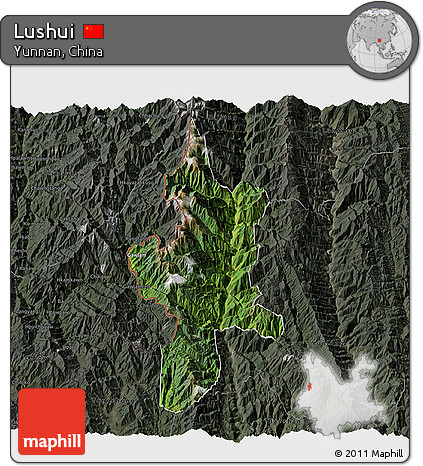 Satellite 3D Map of Lushui, darken, semi-desaturated