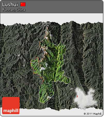 Satellite 3D Map of Lushui, darken, semi-desaturated