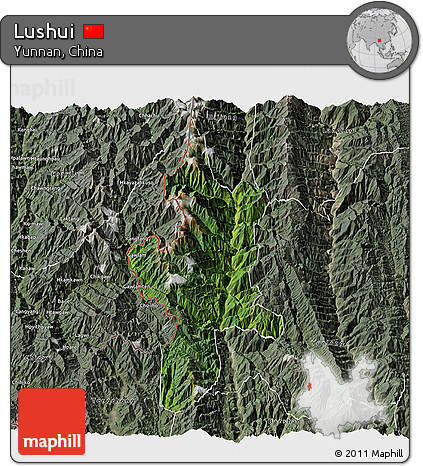 Satellite 3D Map of Lushui, semi-desaturated